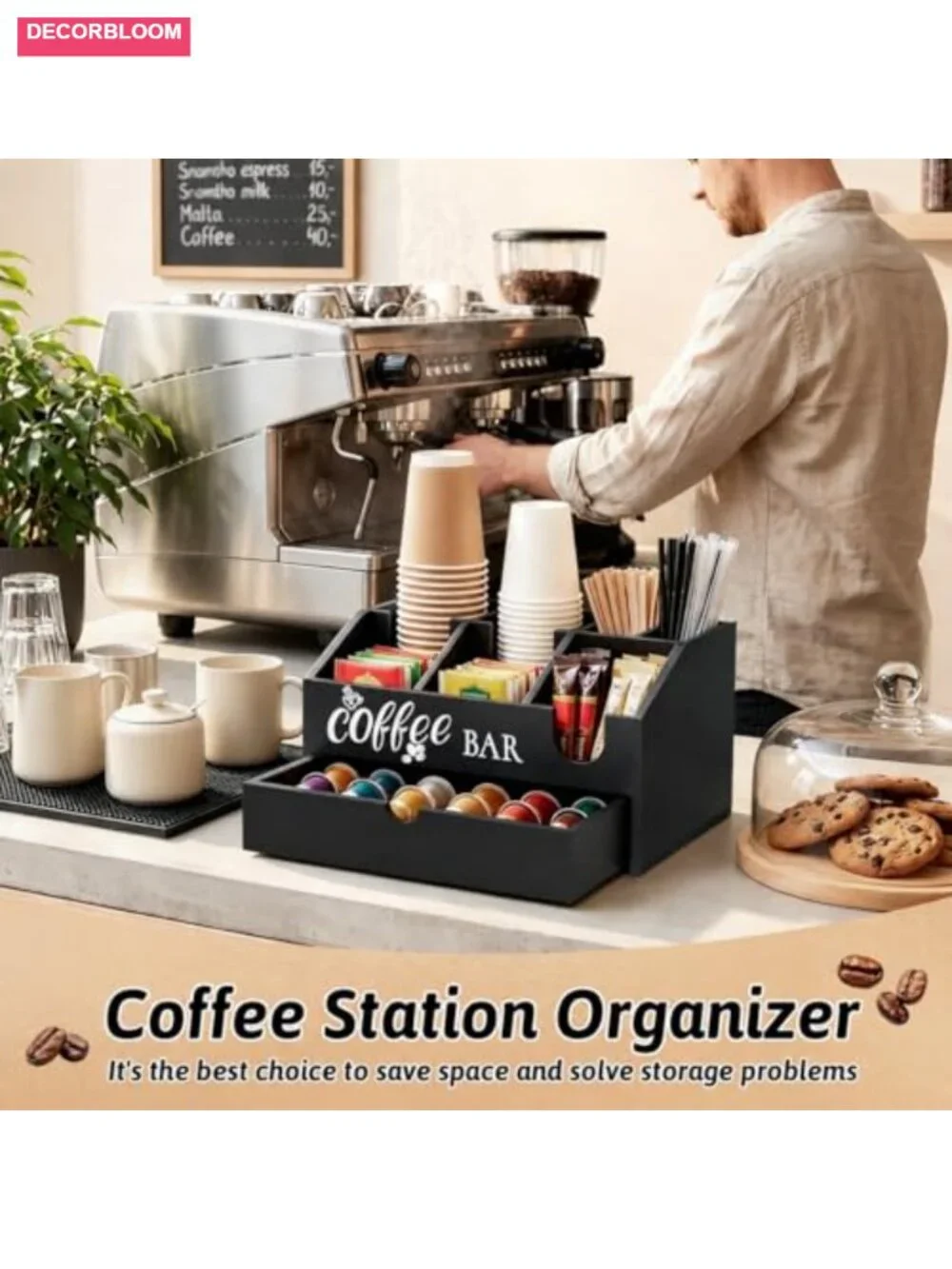 Wooden Coffee Station Organizer with Drawer and 7 Compartments, Rustic Coffee
